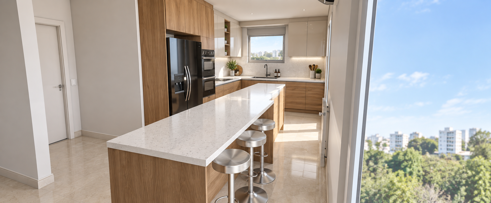 Cuisine contemporaine lumineuse avec îlot central et grandes ouvertures