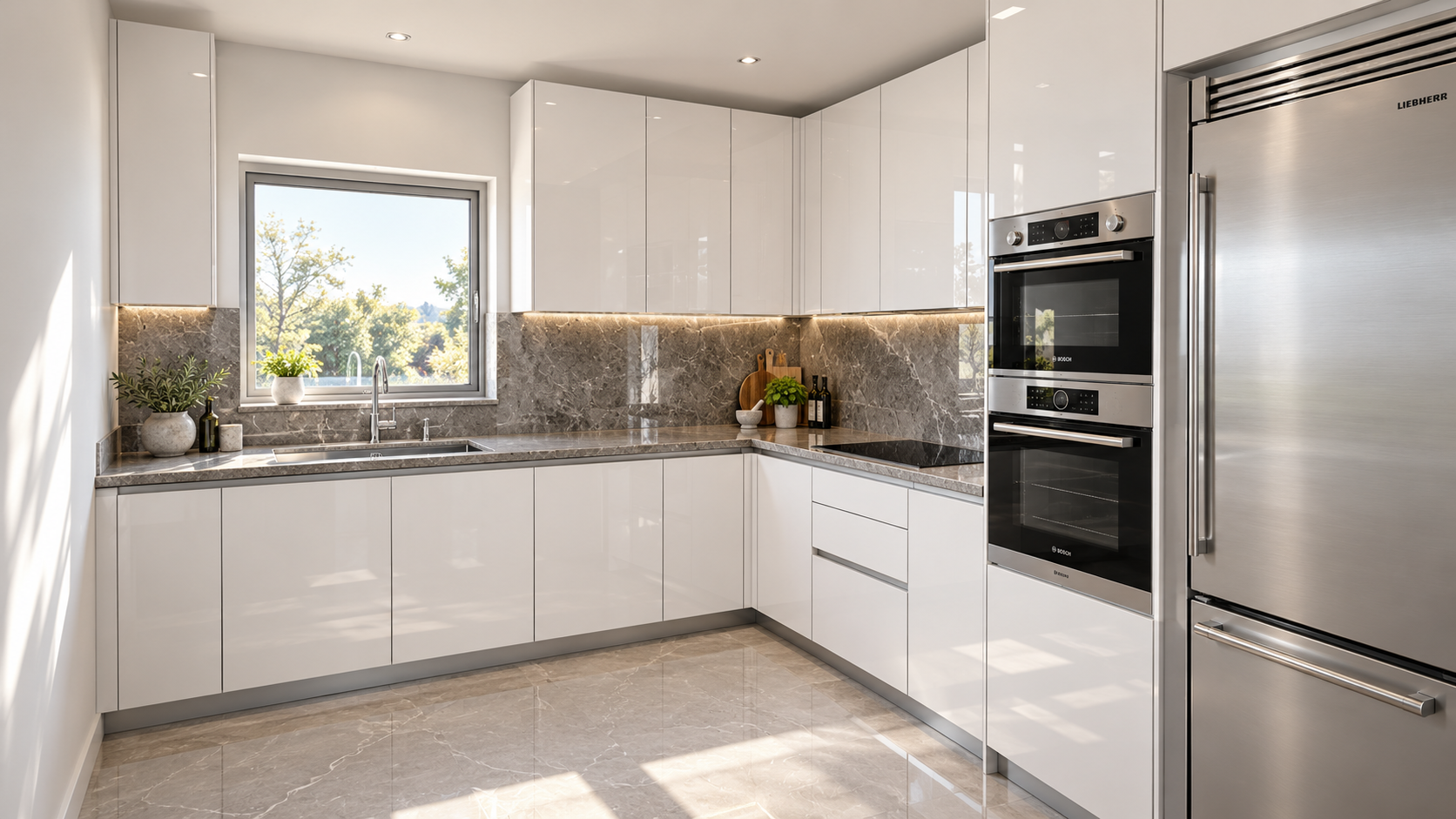 Cuisine blanche lumineuse avec crédence en pierre et électroménager intégré