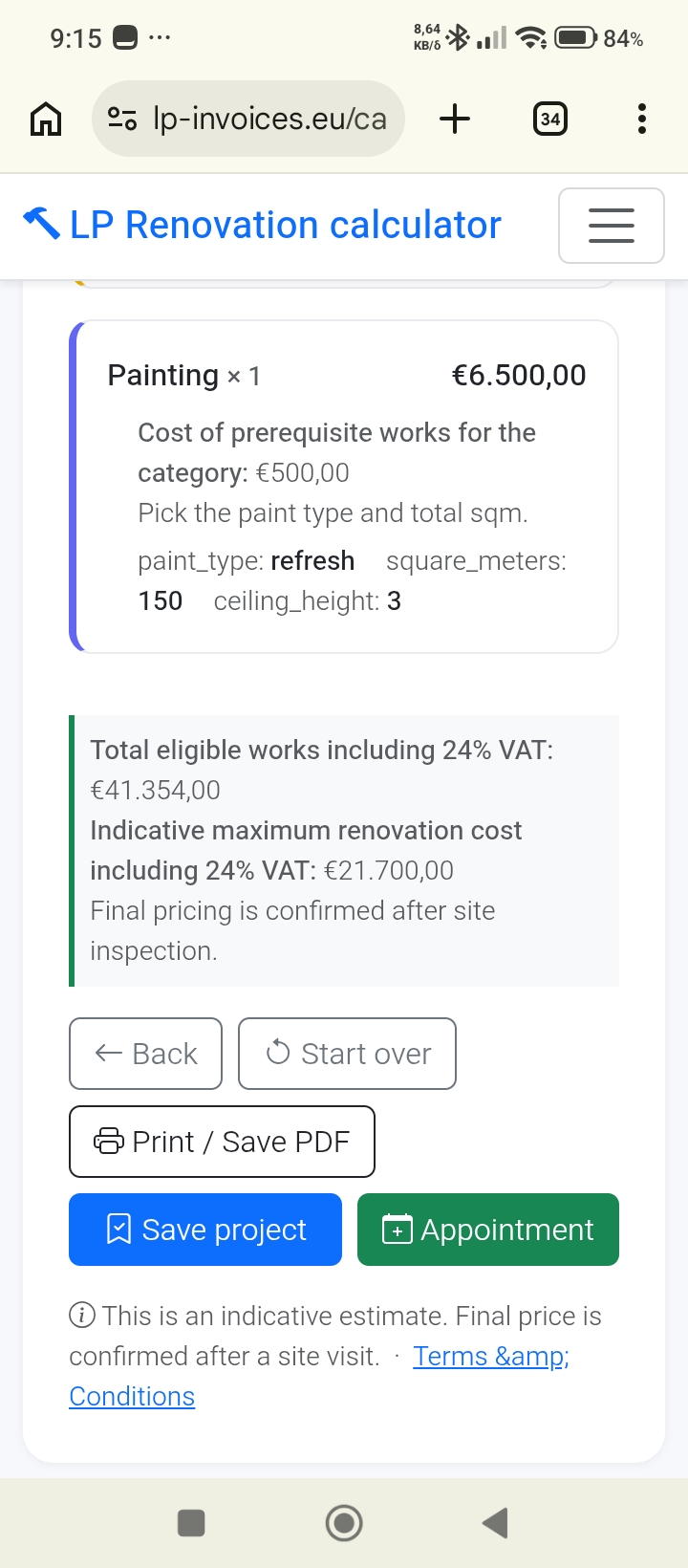 LP Renovation Calculator screenshot