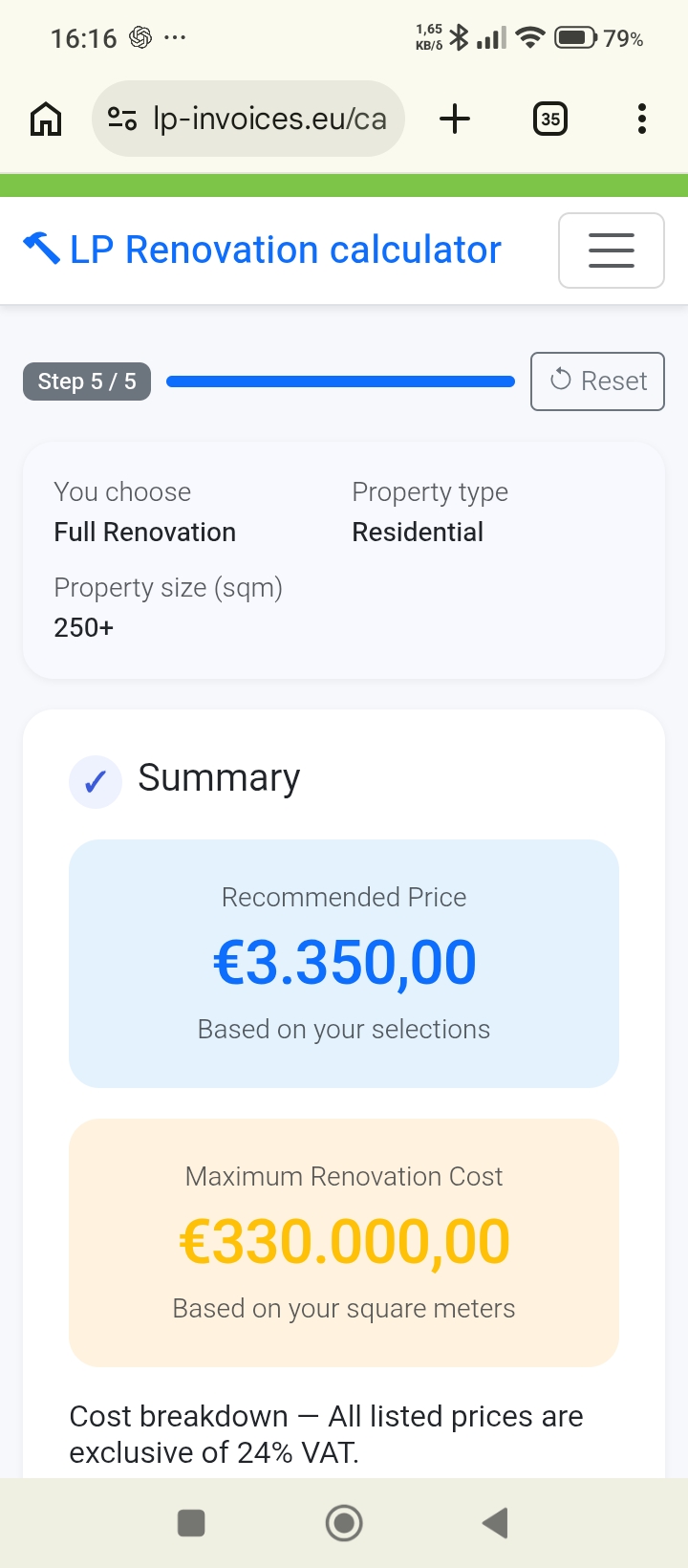 LP Renovation Calculator screenshot